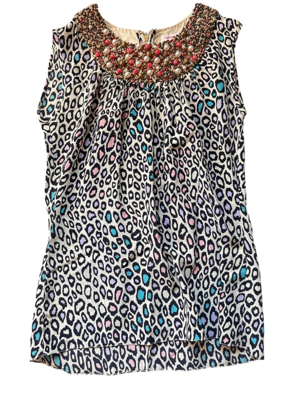 Matthew Williamson 100% Silk Beaded Neck Leopard Print Sleeveless Top Multicolor